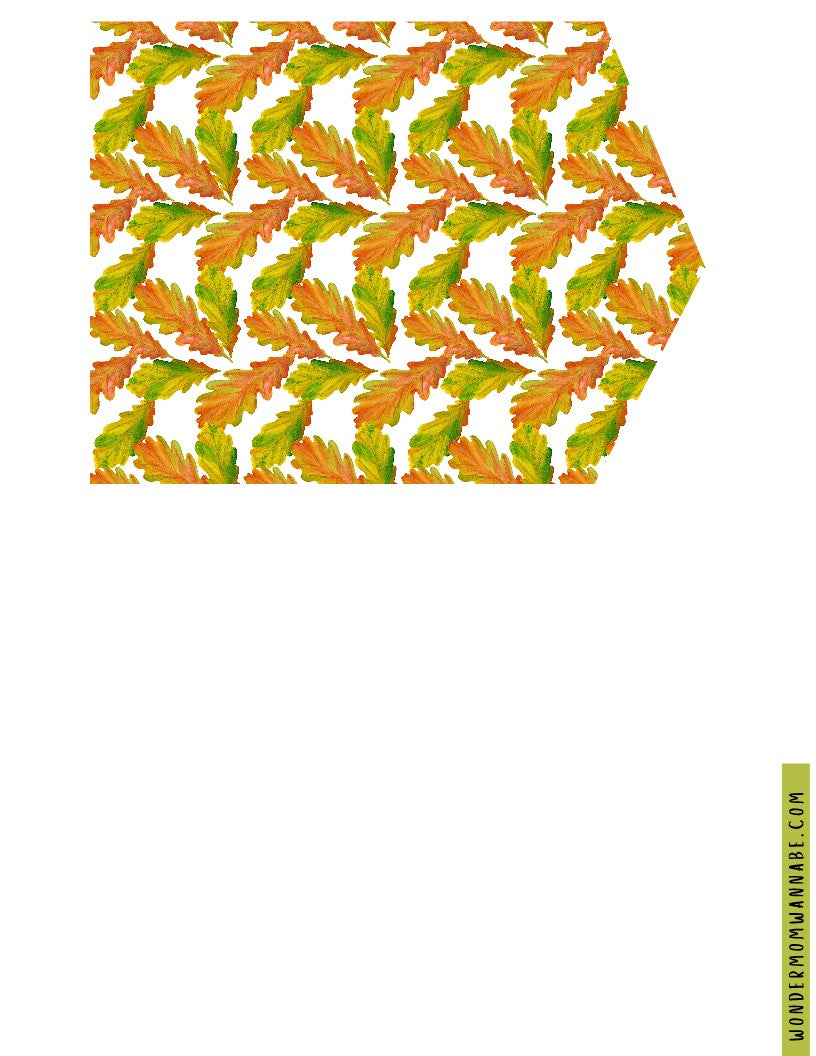 The Fall Festival Party Kit from Wondermom Shop features a pattern of autumn-colored leaves arranged in a repeating design with an arrow shape pointing to the right. On the right side, a green vertical text strip reads "WONDERWOMANNERIE.COM." These printable elements are available as a convenient digital product, perfect for your fall festivities.