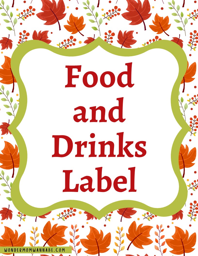Introducing the Fall Festival Party Kit by Wondermom Shop: a digital product featuring labels adorned with the text "Food and Drinks Label" surrounded by a beautifully decorative autumn-themed border with leaves and berries. Perfect for printable elements, this kit adds seasonal charm to any gathering.