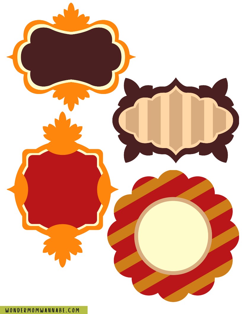 Discover four ornate frame designs from Wondermom Shop, each showcasing a variety of shapes and colors, including elegant combinations of brown, red, orange, and cream. These frames boast decorative edges and unique layouts, making them perfect printable elements for your Fall Festival Party Kit or any digital project.