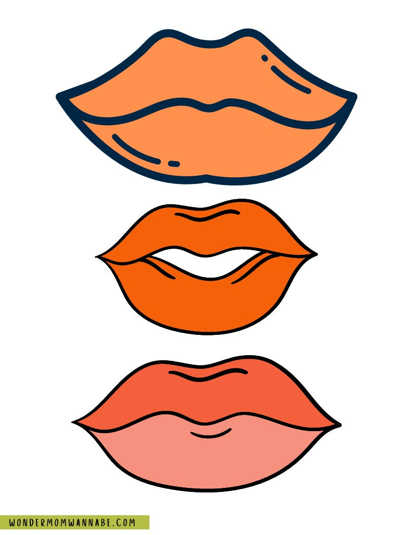 Illustration of three pairs of lips in different shades of orange; each pair varies slightly in shape and style—perfect for adding to your Wondermom Shop Fall Festival Party Kit as printable elements within this unique digital product.