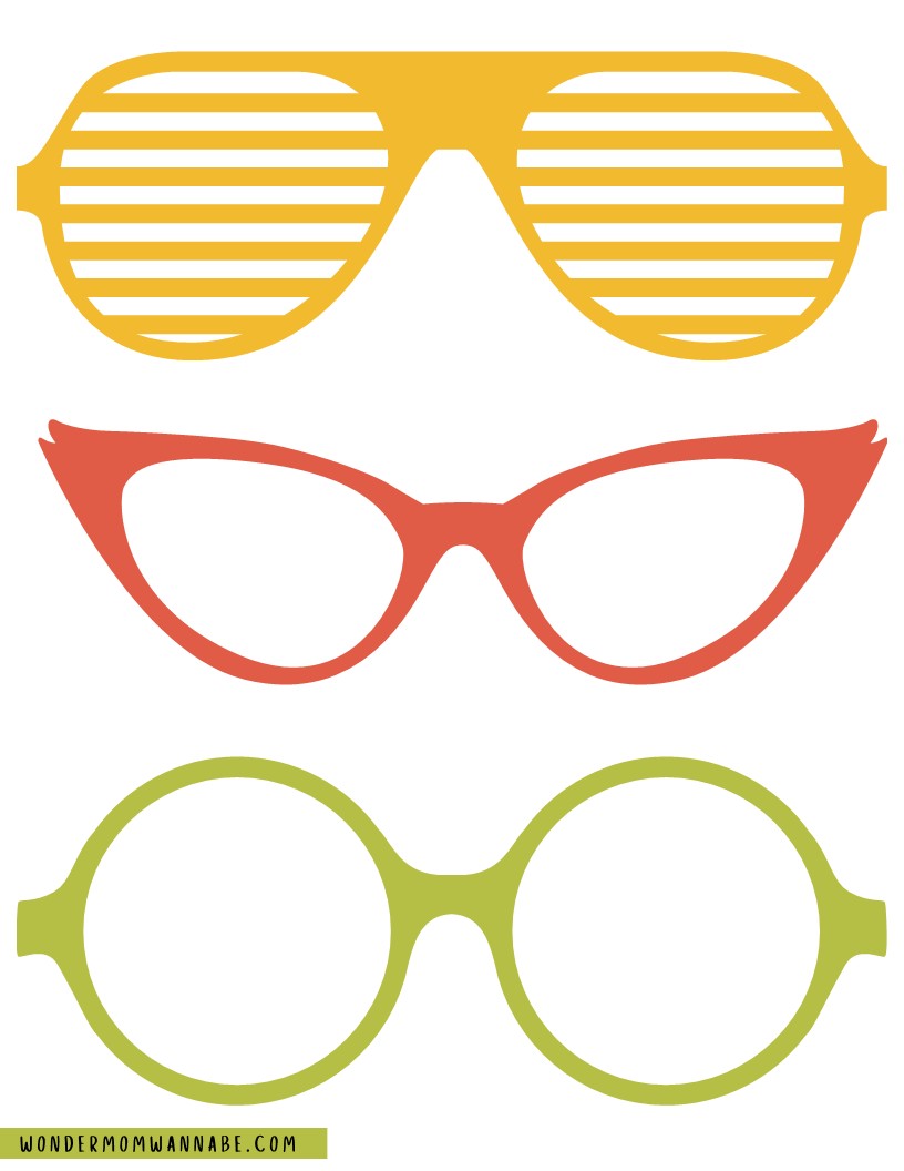 Three pairs of stylized glasses: yellow shutter shades on top, red cat-eye frames in the middle, and green round frames at the bottom, against a white background. Perfect for your Wondermom Shop's Fall Festival Party Kit or as fun printable elements for any digital product.