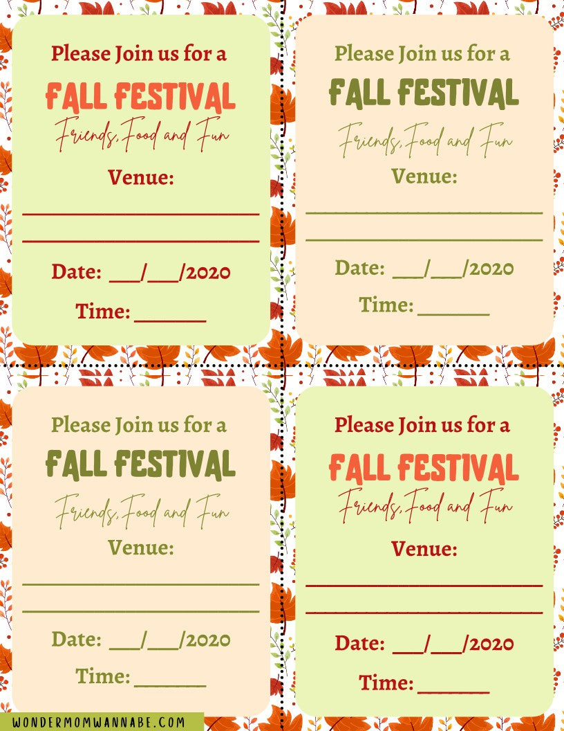 A set of four printable fall festival invitation cards with placeholders for venue, date, and time. These invitations feature an autumn leaf border and the text "Friends, Food and Fun." Designed to enhance your Fall Festival Party Kit from Wondermom Shop, this digital product simplifies your event planning process.