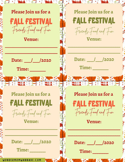 A set of four printable fall festival invitation cards with placeholders for venue, date, and time. These invitations feature an autumn leaf border and the text "Friends, Food and Fun." Designed to enhance your Fall Festival Party Kit from Wondermom Shop, this digital product simplifies your event planning process.