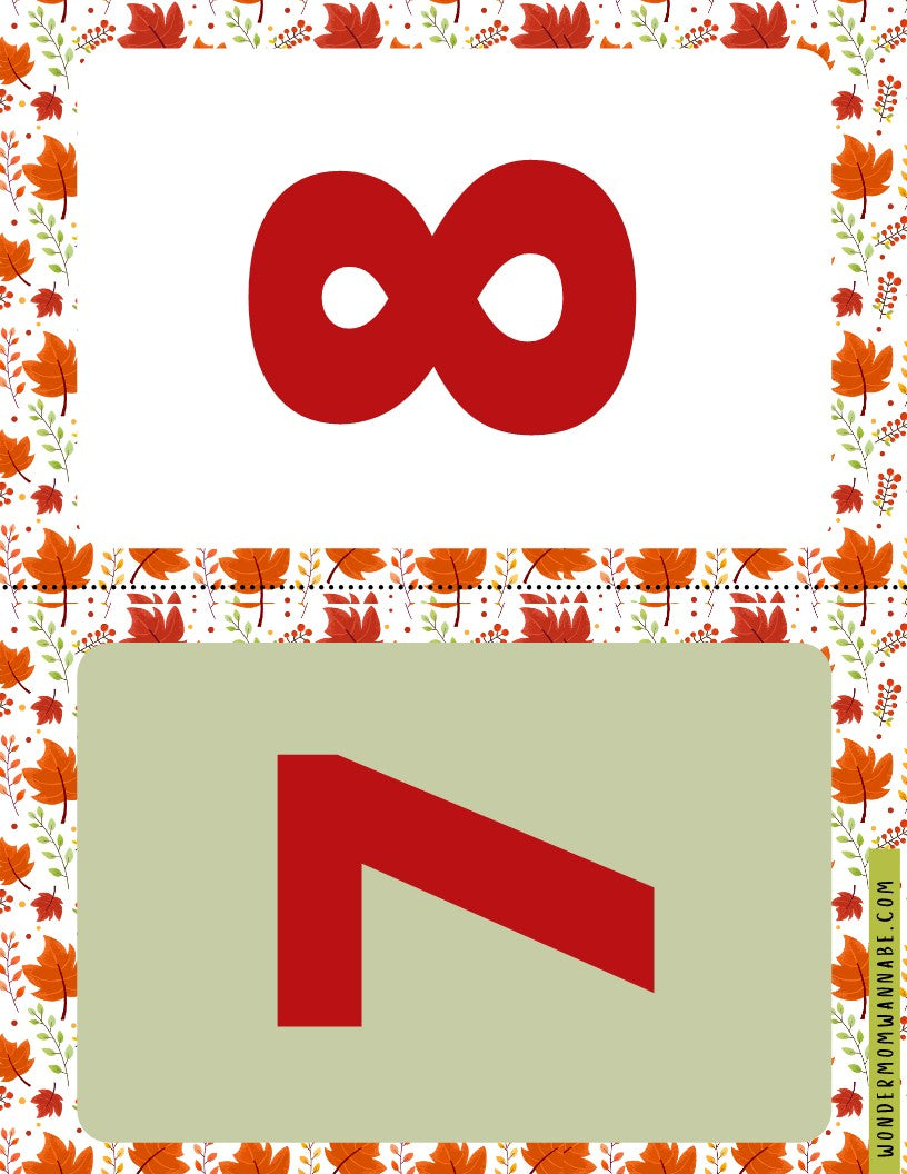 Two symbols: a red lemniscate-like symbol on a white background with a leaf pattern border at the top, and a red angular symbol on a greenish background with the same leaf pattern border at the bottom. Ideal for your "Fall Festival Party Kit" from **Wondermom Shop**, this digital product features printable elements that bring seasonal charm.