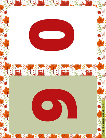 Two symbols are displayed in red against a white and light green background, respectively. The image, ideal for your Wondermom Shop's Fall Festival Party Kit, is bordered with a fall-themed leafy pattern that includes printable elements.