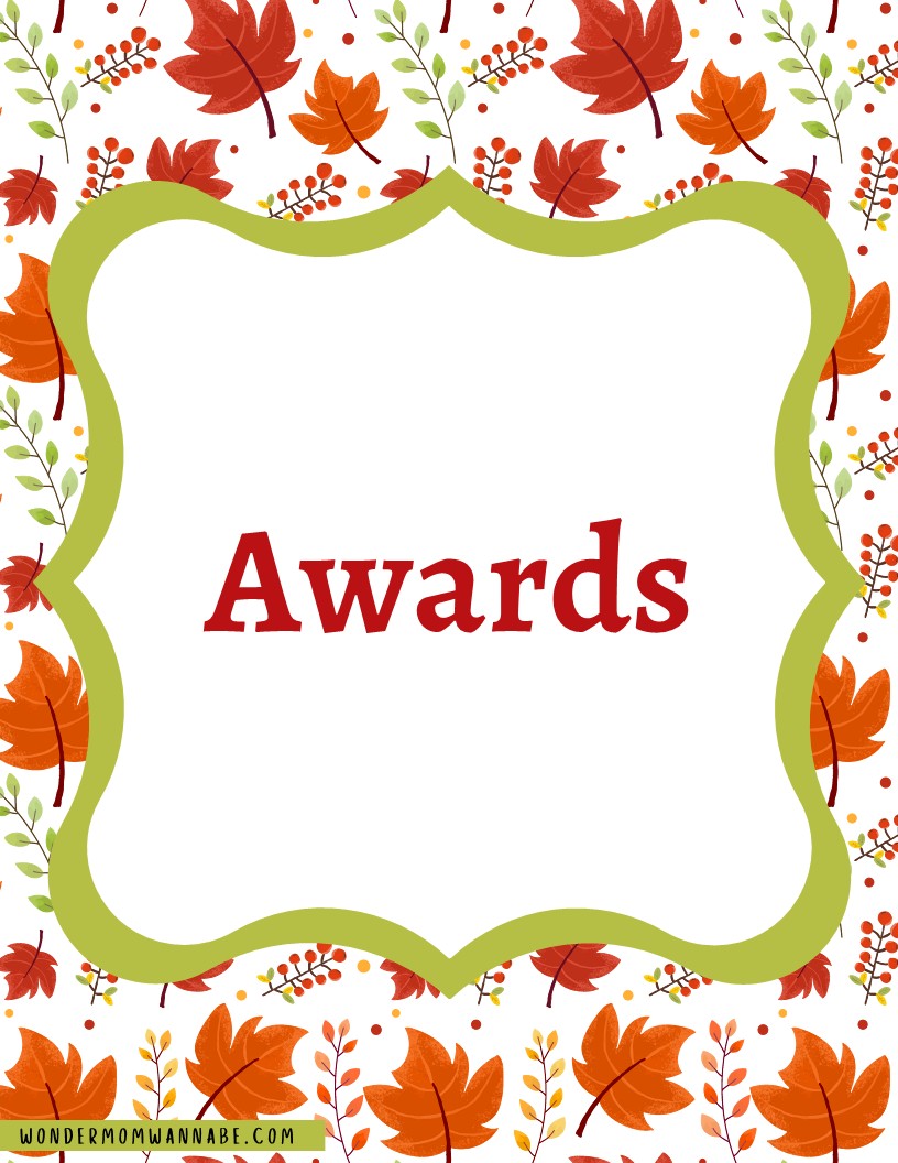 The Fall Festival Party Kit by Wondermom Shop includes a digital product featuring a certificate adorned with autumn leaves, showcasing the word "Awards" in bold red text at the center. Perfect for enhancing your seasonal celebrations with printable elements.