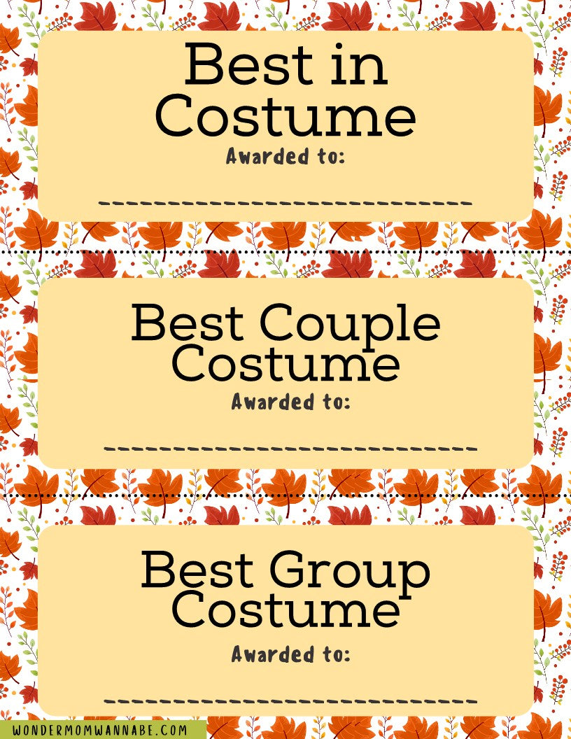The Fall Festival Party Kit from Wondermom Shop includes three award certificates labeled "Best in Costume," "Best Couple Costume," and "Best Group Costume" on an autumn-themed background with leaves, making it perfect for your event. This digital product features printable elements designed to make your Fall Festival memorable and fun.