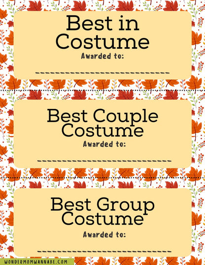 The Fall Festival Party Kit from Wondermom Shop includes three award certificates labeled "Best in Costume," "Best Couple Costume," and "Best Group Costume" on an autumn-themed background with leaves, making it perfect for your event. This digital product features printable elements designed to make your Fall Festival memorable and fun.