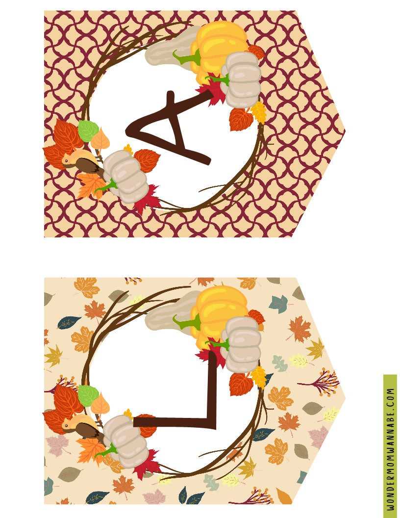 Two fall-themed table numbers featuring pumpkins and leaves on patterned backgrounds, one with the number "4" and the other with the number "7". This digital product is a perfect addition to the Fall Festival Party Kit by Wondermom Shop, complete with printable elements to enhance your festive décor.