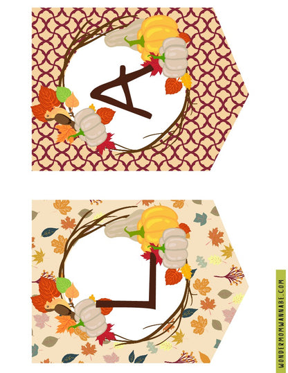 Two fall-themed table numbers featuring pumpkins and leaves on patterned backgrounds, one with the number "4" and the other with the number "7". This digital product is a perfect addition to the Fall Festival Party Kit by Wondermom Shop, complete with printable elements to enhance your festive décor.