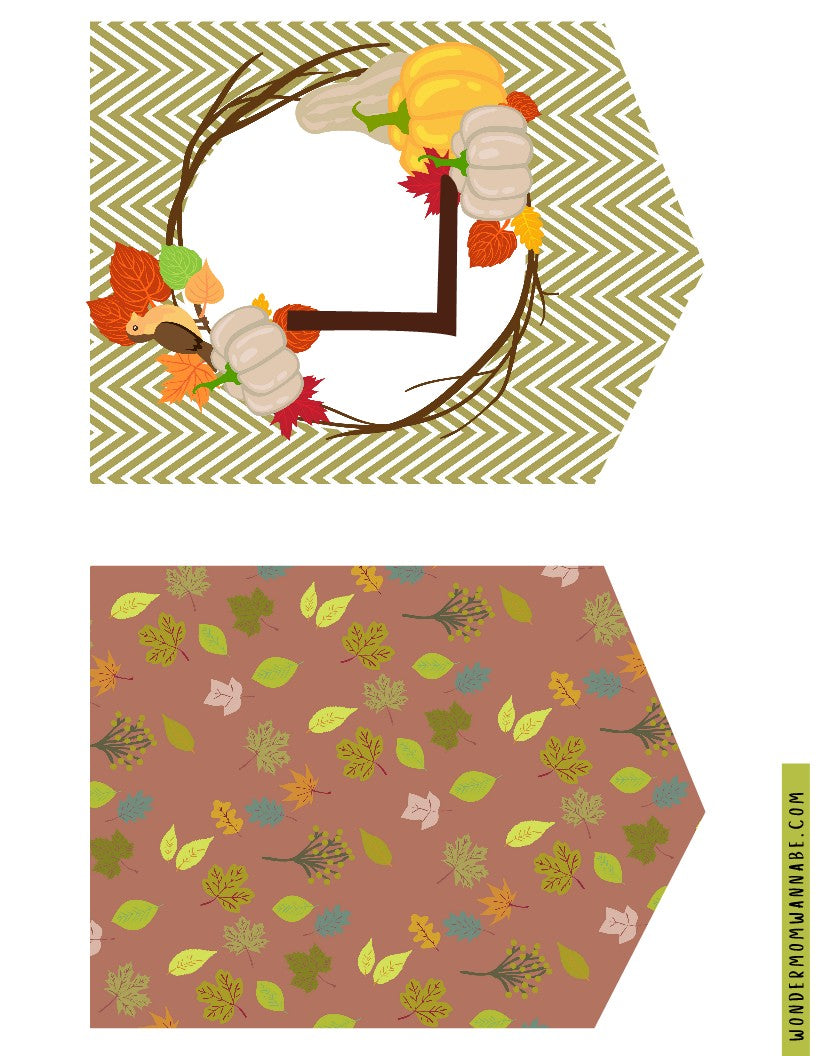 Two autumn-themed, chevron-shaped designs featuring fall leaves, pumpkins, and gourds on a patterned background are perfect as printable elements in the Wondermom Shop's Fall Festival Party Kit. This digital product adds a festive touch to any seasonal celebration.