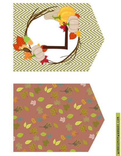 Two autumn-themed, chevron-shaped designs featuring fall leaves, pumpkins, and gourds on a patterned background are perfect as printable elements in the Wondermom Shop's Fall Festival Party Kit. This digital product adds a festive touch to any seasonal celebration.