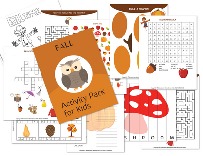 Introducing the Printable Kids Activity Books Bundle by Wondermom Shop: A delightful collection of fall-themed fun packs for kids, featuring crosswords, word searches, mazes, and drawing activities with charming illustrations of pumpkins, leaves, and mushrooms. Perfect for autumn entertainment!