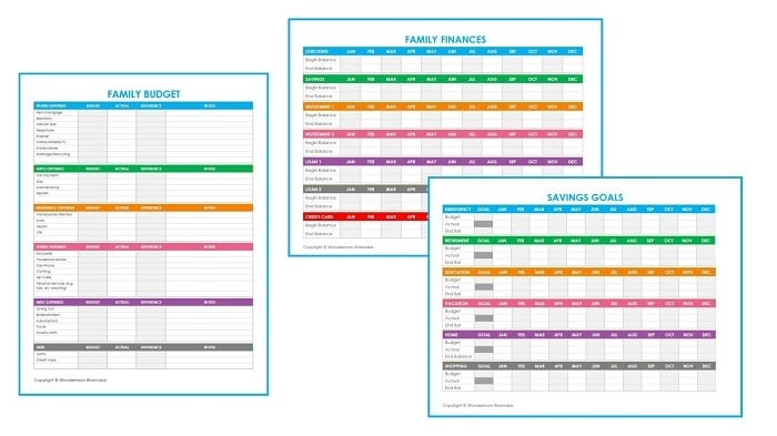 Three VIP Vault Family Budget Worksheets with different colors.
