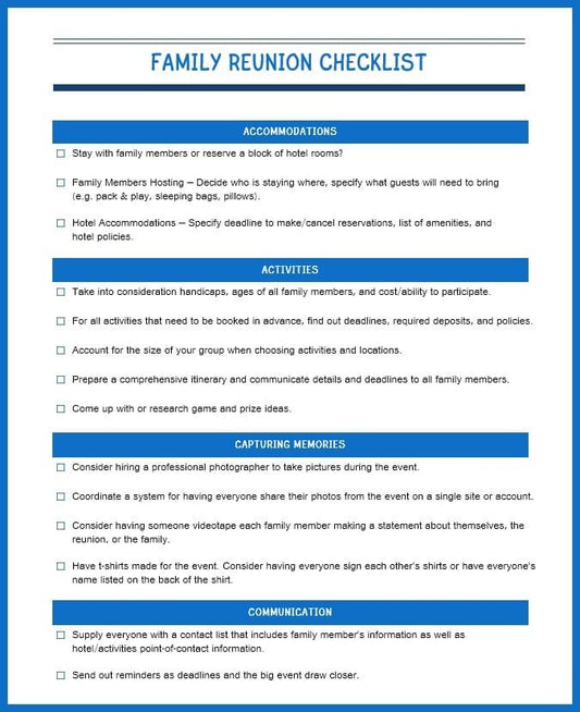Discover the Family Reunion Planner by VIP Vault, your go-to digital tool for organizing a flawless family reunion. It includes sections on accommodations, activities, capturing memories, and communication—all neatly outlined in a blue border with bullet points for effortless planning.