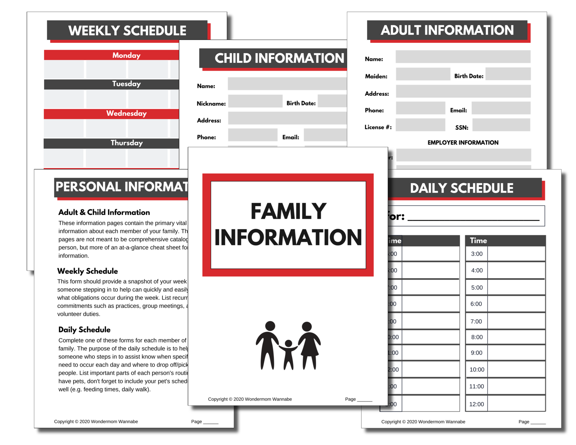 Various family information forms, including weekly schedules, child and adult information sheets, personal records, and daily schedule templates, all organized neatly within the In Case of Emergency Binder (Fillable PDF) by Wondermom Shop.