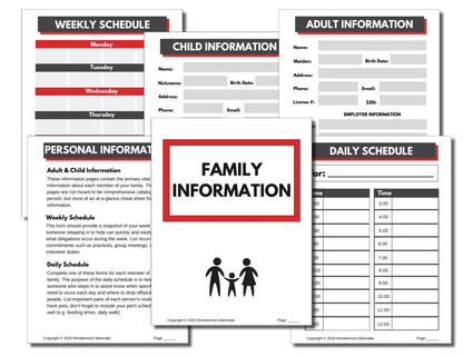 Various family information forms, including weekly schedules, child and adult information sheets, personal records, and daily schedule templates, all organized neatly within the In Case of Emergency Binder (Fillable PDF) by Wondermom Shop.