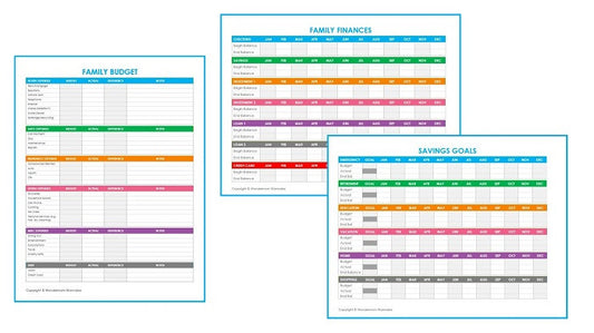 Three Wondermom Wannabe Editable Family Budget Worksheets with different colors.