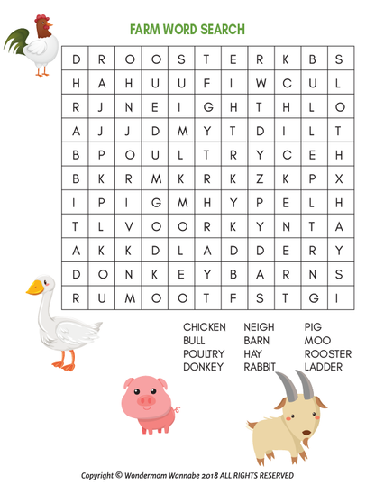 The Farm Activity Kit for Kids by Wondermom Shop features a farm-themed word search puzzle adorned with illustrations of various farm animals like a rooster, goose, pig, and donkey. The word list at the bottom includes words such as CHICKEN, BULL, POULTRY, DONKEY, and more. This printable activity kit is an ideal digital product to engage kids in fun and educational farm-related activities.