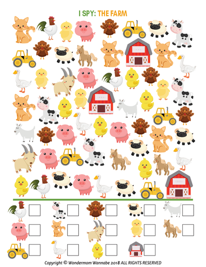 Introducing the Farm Activity Kit for Kids by Wondermom Shop. This printable kit features an assortment of farm animals and objects, including pigs, chicks, barns, and goats, all randomly scattered. A task checklist is included at the bottom with boxes to tick off items found in this fun-filled farm-themed activity.