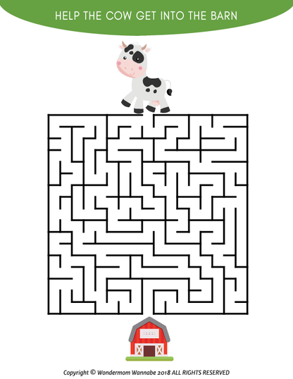 The Farm Activity Kit for Kids by Wondermom Shop includes a delightful digital maze puzzle featuring a cartoon cow at the top and a barn at the bottom, with the title, "Help the cow get into the barn." Ideal for hours of farm-themed fun, it's part of our Printable Farm Activity Kit offerings.