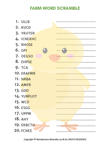 Image of a farm-themed word scramble puzzle with 20 scrambled words listed next to a cartoon chick. The **Farm Activity Kit for Kids from Wondermom Shop** is perfect for players who need to unscramble words like "ULLB," "KUCD," and "YUTKER" and fill in the blanks. A fun digital product for all ages!