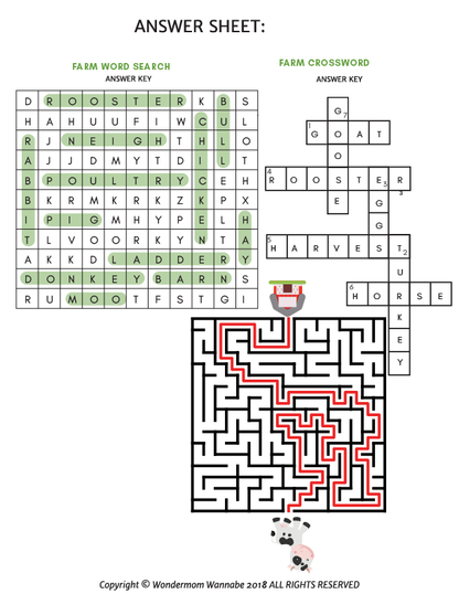 An answer sheet for the **Farm Activity Kit for Kids** by **Wondermom Shop**, featuring solutions to farm-themed word search, crossword, and maze puzzles. Words such as "rooster," "harvest," and "donkey" can be found, with the maze path highlighted in red. This digital product is perfect for farm-themed activities.
