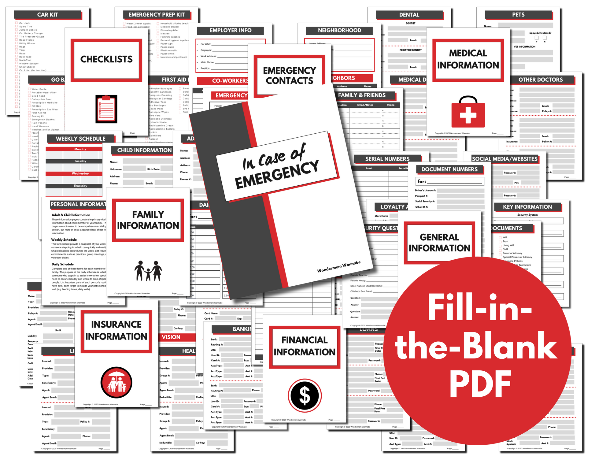 This collage of fillable PDF emergency planning forms from Wondermom Shop's "In Case of Emergency Binder" covers key areas including medical, financial, and family information. The centerpiece of this comprehensive binder is an "In Case of Emergency" booklet highlighted with a red circle text stating "Fillable PDF," along with detailed evacuation plan forms for complete readiness.