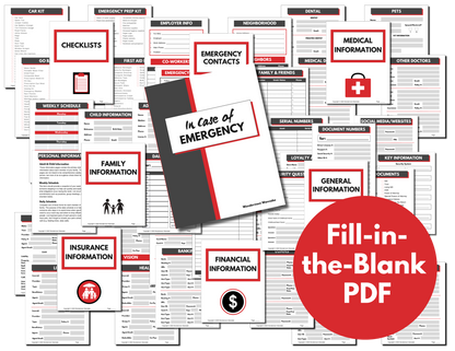 This collage of fillable PDF emergency planning forms from Wondermom Shop's "In Case of Emergency Binder" covers key areas including medical, financial, and family information. The centerpiece of this comprehensive binder is an "In Case of Emergency" booklet highlighted with a red circle text stating "Fillable PDF," along with detailed evacuation plan forms for complete readiness.