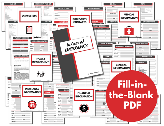 This collage of fillable PDF emergency planning forms from Wondermom Shop's "In Case of Emergency Binder" covers key areas including medical, financial, and family information. The centerpiece of this comprehensive binder is an "In Case of Emergency" booklet highlighted with a red circle text stating "Fillable PDF," along with detailed evacuation plan forms for complete readiness.