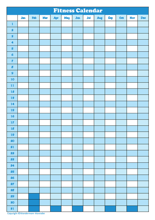 A VIP Vault Fitness Calendar with blue squares. Improve fitness.