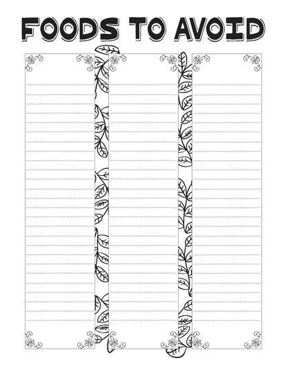 A blank, three-column "Foods to Avoid" list template with decorative leaf dividers from Wondermom Shop—perfect for your Healthy Habits Journal.