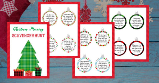 A set of Christmas Scavenger Hunt Riddles cards with christmas ornaments on them by VIP Vault.