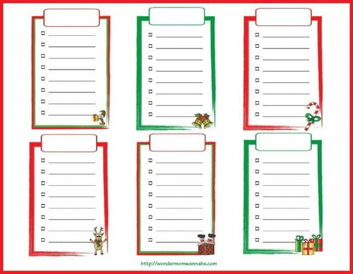 Six free printable VIP Vault Christmas Shopping List to-do lists or note pages with decorative borders and holiday illustrations at the bottom corners, perfect for your Christmas shopping list organization.
