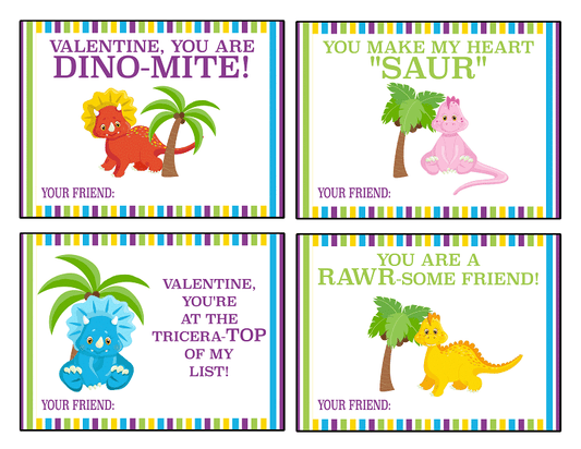 VIP Vault's Dinosaur Valentine Cards feature four vibrant, playful pun designs: Dino-mite, Saur, Tricera-top, and Rawr-some. Each card showcases a cute cartoon dino beside a palm tree with striped borders. They're delightful digital products available as free printables.