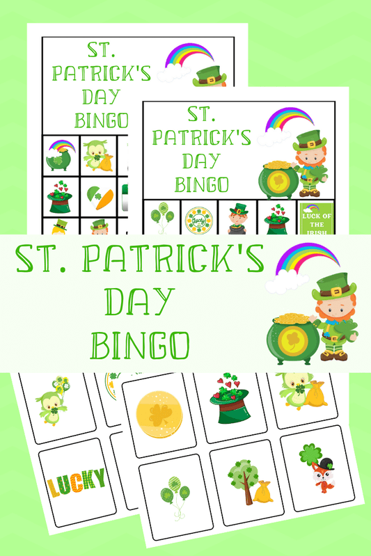 The St. Patrick’s Day Bingo Game by VIP Vault is a festive digital product featuring leprechauns, rainbows, pots of gold, and clovers on a green background.