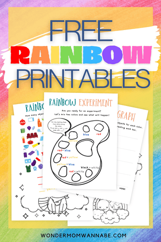 Promotional graphic for VIP Vault's Rainbow Worksheets and Coloring Pages including coloring pages and experiment guide to help your child learn colors.