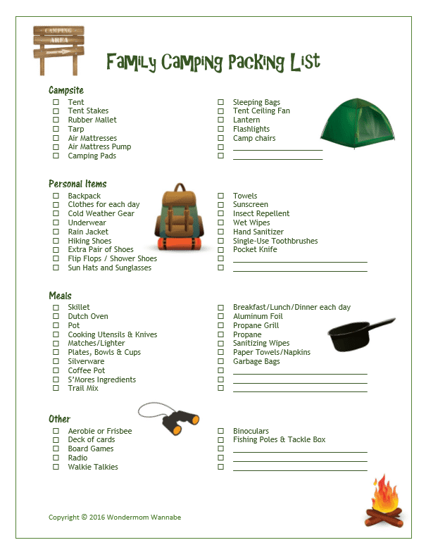 VIP Vault's Family Camping Packing List printable.