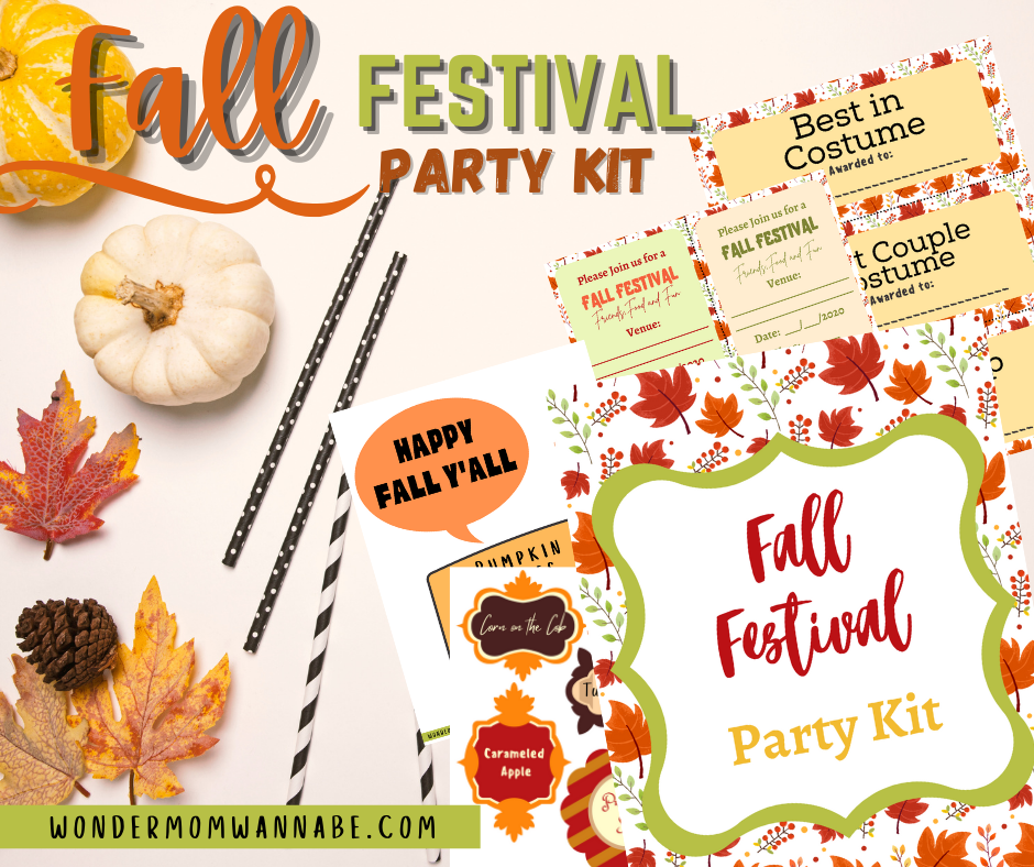 An assortment of autumn-themed party supplies, branded as the "Fall Festival Party Kit" by Wondermom Shop, features printable elements like invitations, straws, name tags, leaves, and a small pumpkin. This digital product is showcased on wondermomwannabe.com.