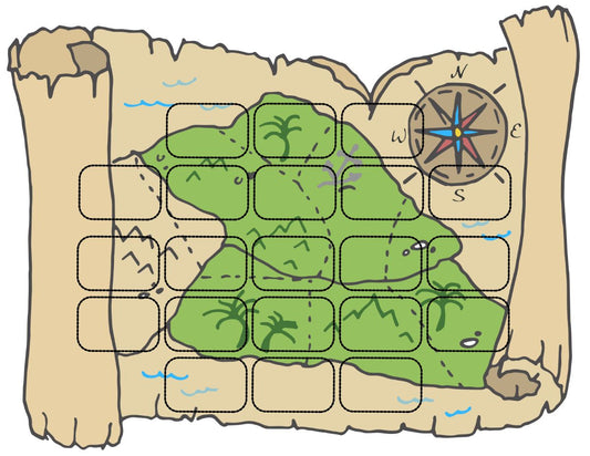Illustration of a simplified printable Treasure Seekers Game map on aged parchment with a compass rose, marking an x for treasure, pathways, and terrain features like trees and water by Wondermom Wannabe.