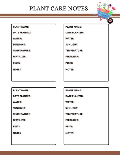 Printable Garden Planner care notes template from Wondermom Shop.