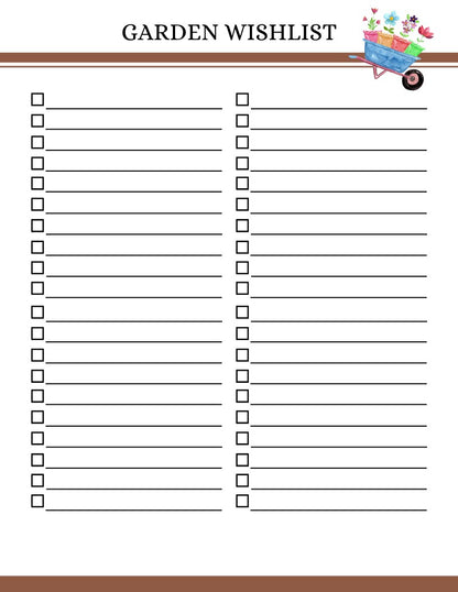 A printable Garden Planner, perfect for a Wondermom Shop garden planner. This digital product features beautiful flowers and a whimsical wagon.