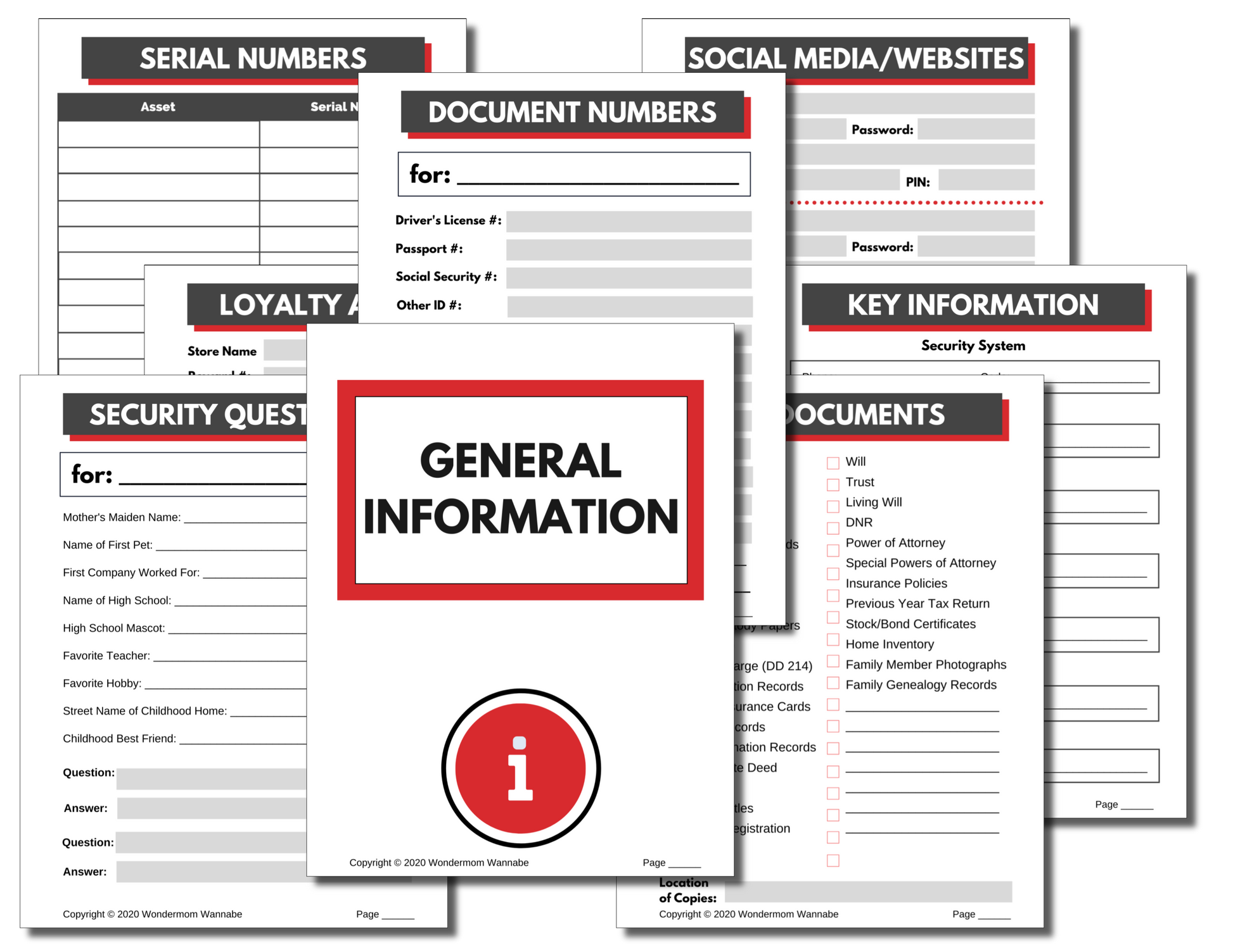 Introducing the In Case of Emergency Binder (Fillable PDF) by Wondermom Shop—a comprehensive solution featuring forms labeled “General Information” and sections for serial numbers, document numbers, social media/websites, security questions, loyalty cards, and key information.