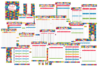 A colorful set of Wondermom Shop Budget Planners with colorful squares.