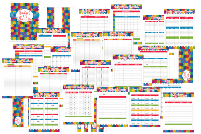 A colorful set of Wondermom Shop Budget Planners with colorful squares.
