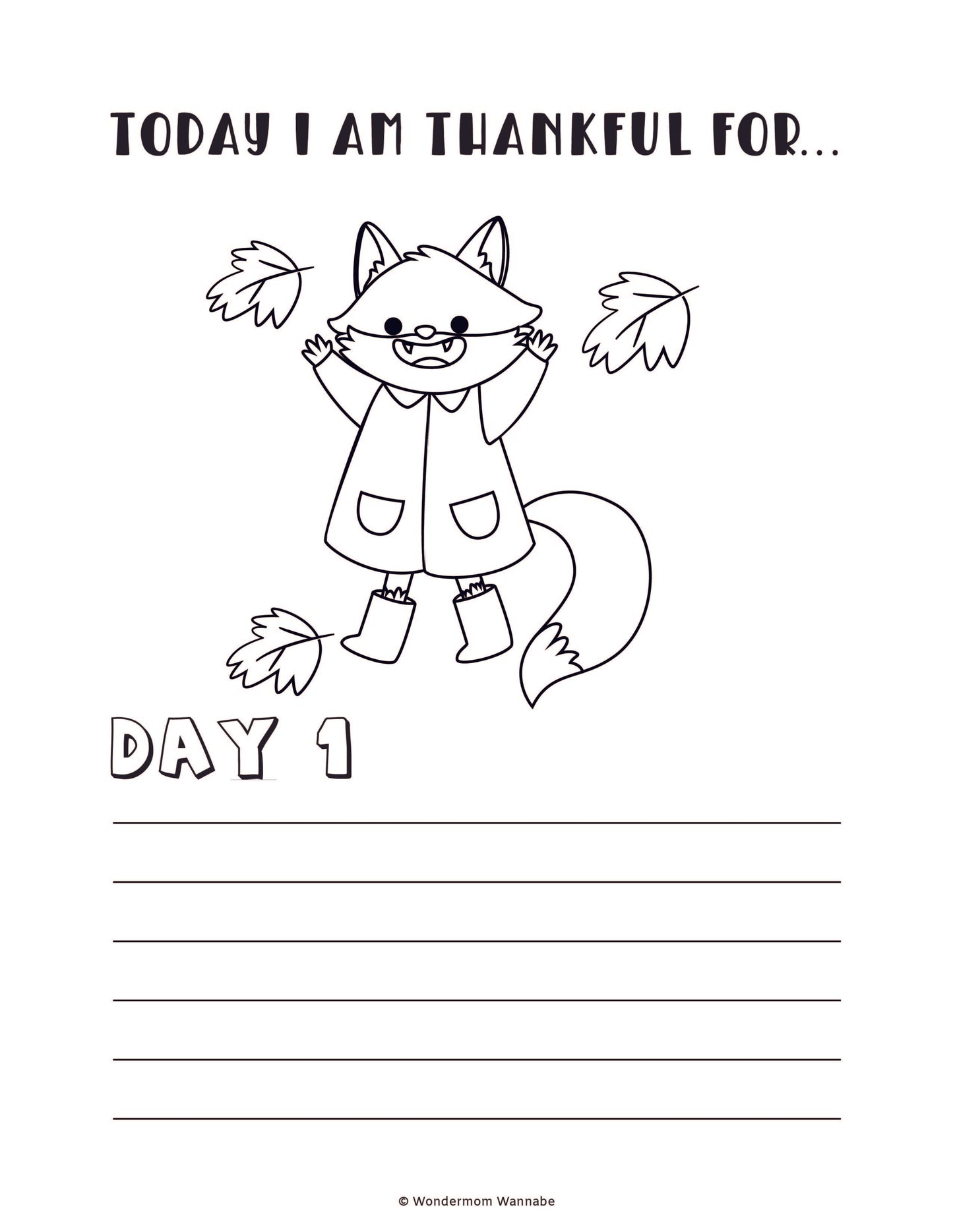 The "Gratitude Journal for Kids" by Wondermom Shop features a digital page titled "Today I Am Thankful For..." with an illustration of a fox in a coat jumping among leaves. Labeled "Day 1," it includes lines below for writing, making it perfect for kids starting their gratitude journal.