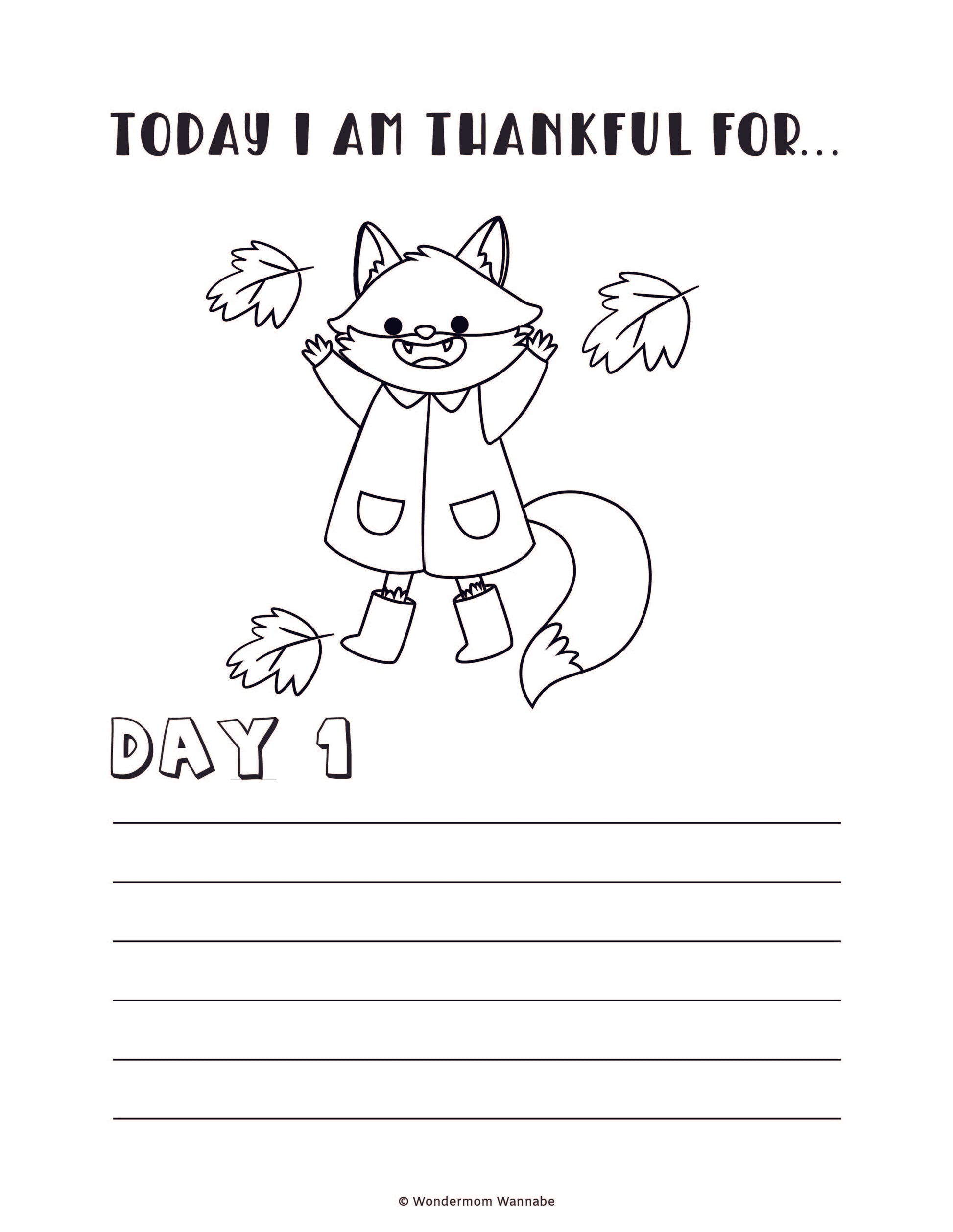 The "Gratitude Journal for Kids" by Wondermom Shop features a digital page titled "Today I Am Thankful For..." with an illustration of a fox in a coat jumping among leaves. Labeled "Day 1," it includes lines below for writing, making it perfect for kids starting their gratitude journal.
