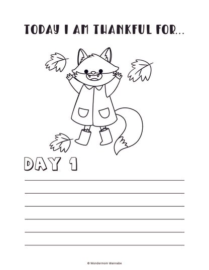 The "Gratitude Journal for Kids" by Wondermom Shop features a digital page titled "Today I Am Thankful For..." with an illustration of a fox in a coat jumping among leaves. Labeled "Day 1," it includes lines below for writing, making it perfect for kids starting their gratitude journal.