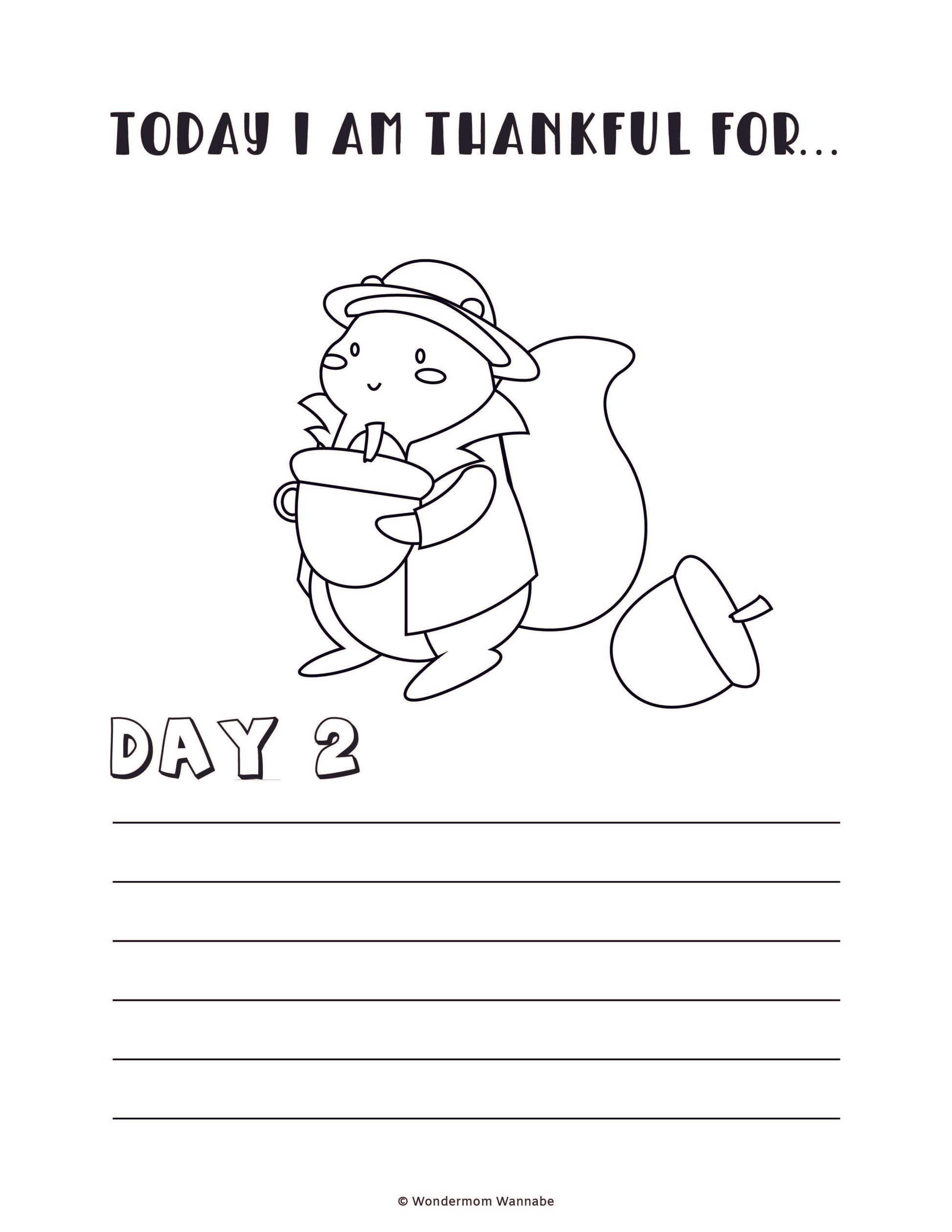 Introducing the Gratitude Journal for Kids by Wondermom Shop: a digital coloring sheet featuring a cheerful squirrel holding a cup and acorn, adorned with the text "Today I am thankful for... Day 2" and accompanied by lines for kids to write on. It's an ideal addition to any gratitude journal!