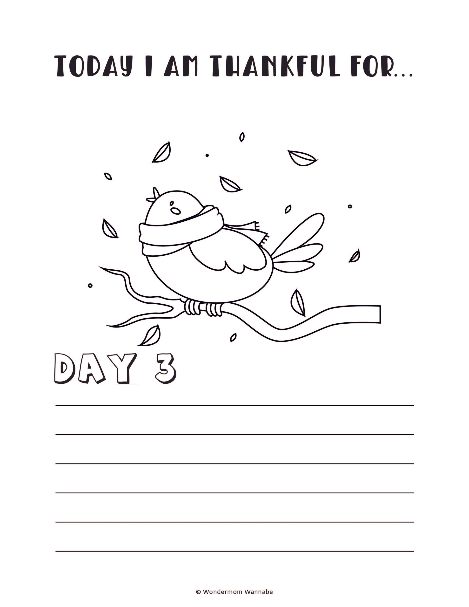 Introducing the "Gratitude Journal for Kids" by Wondermom Shop—a black and white coloring sheet featuring a bird on a branch, with "Today I Am Thankful For..." text at the top and "Day 3" followed by blank lines for writing. This is the perfect addition to any kids' gratitude journal or digital product collection.
